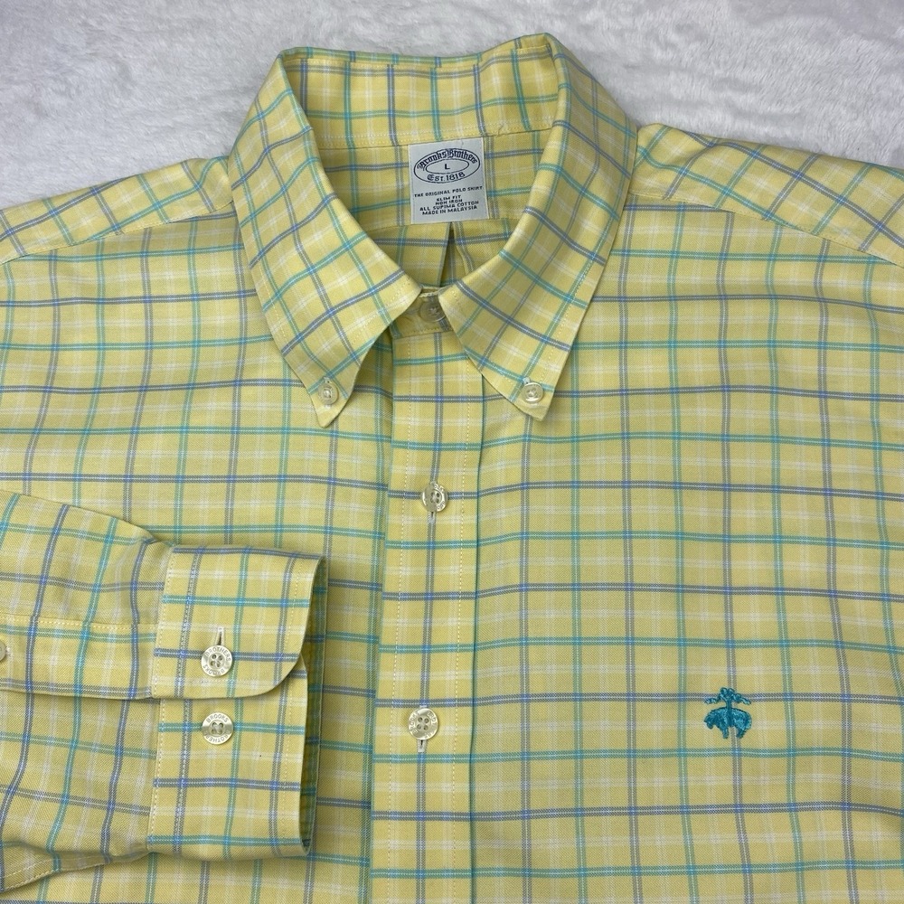Brooks Brothers Dress Shirt Mens Large Yellow w/Green Checks Slim Fit No Iron